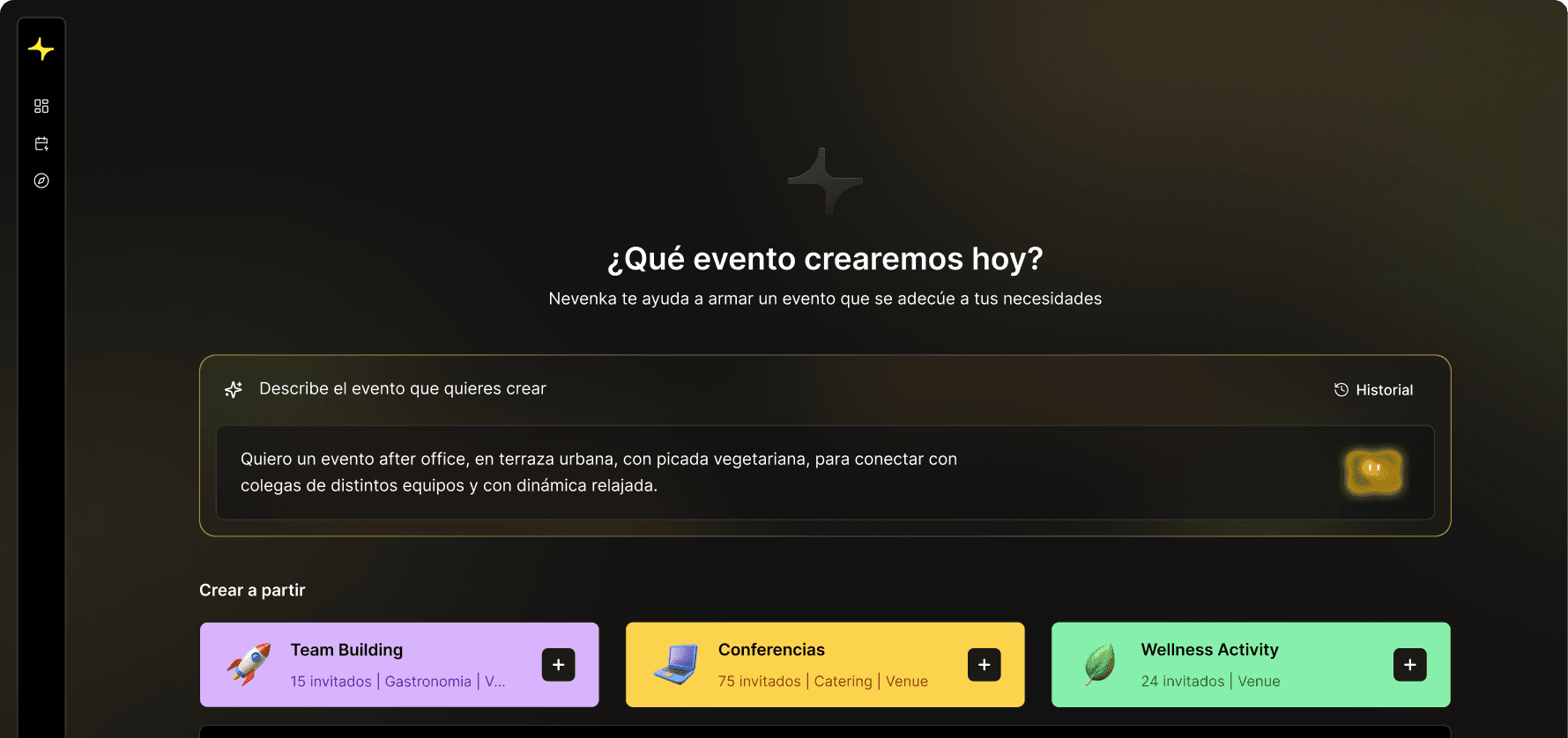 Plataforma de SparkClub: Nevenka arma un evento a partir de tu descripción